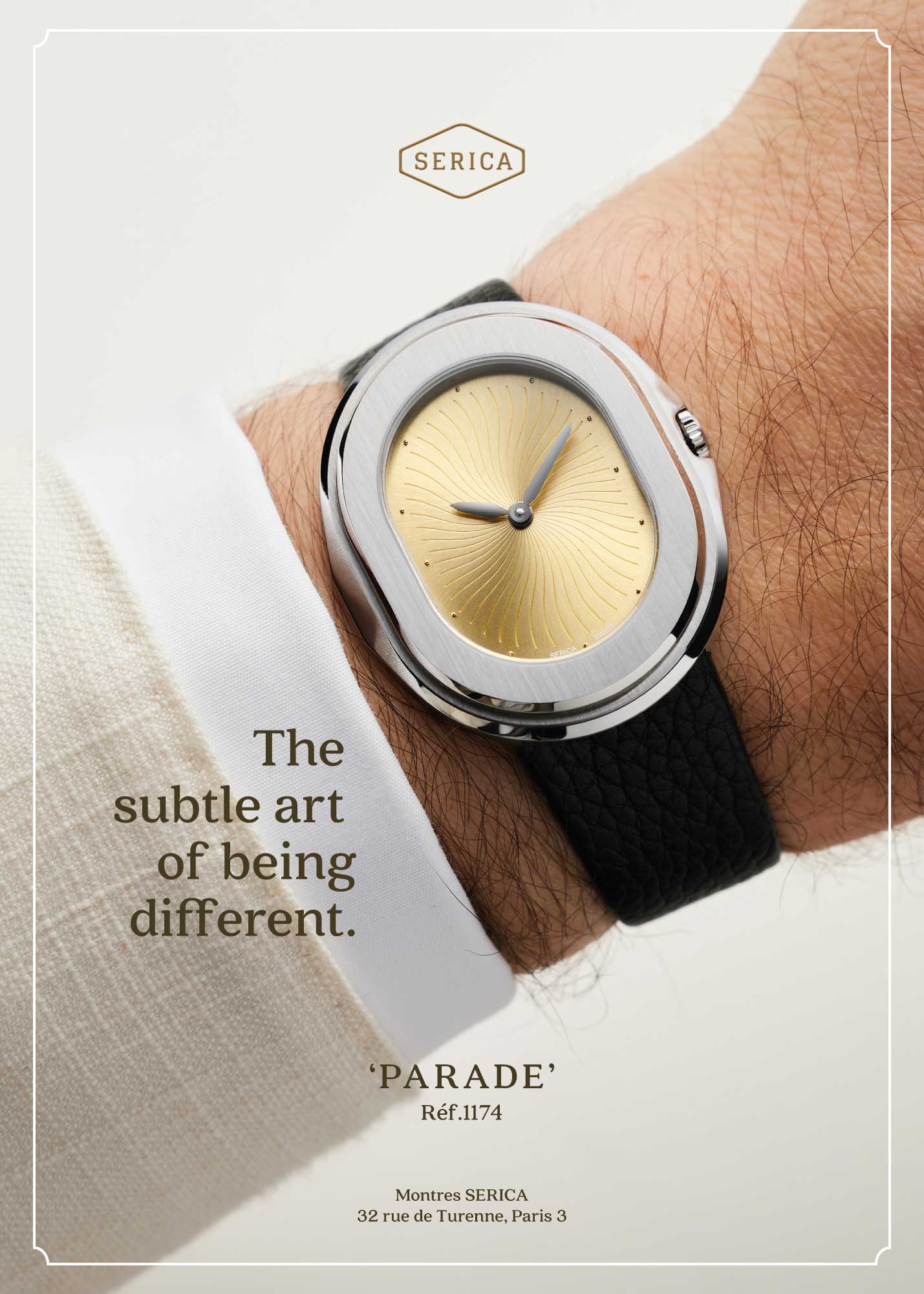 Poster SERICA 1174-1 Parade. Wrist shot of the watch with gold dial and steel case.