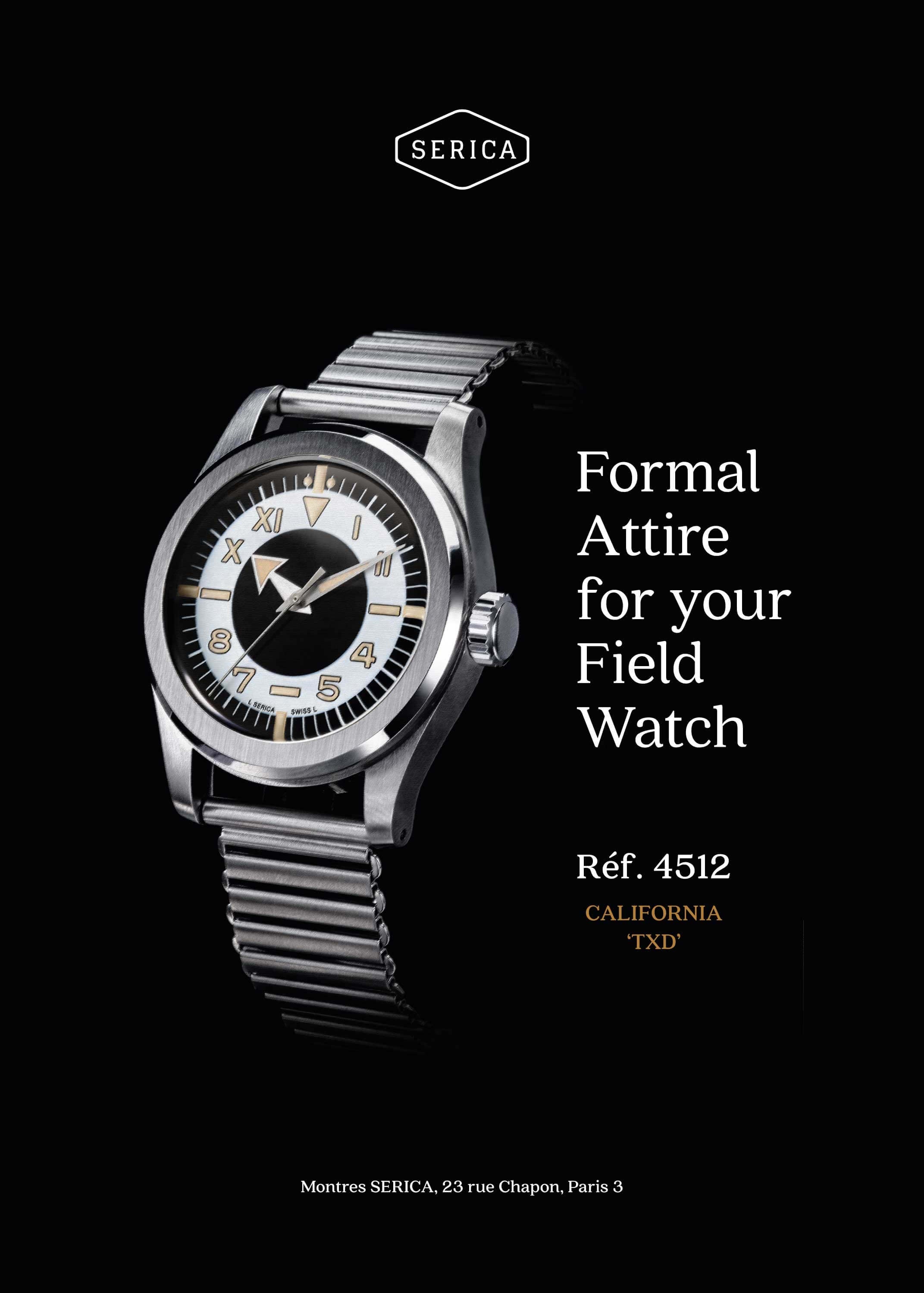 Poster of SERICA 4512 Tuxedo Field Watch. Pack shot of the watch with bi color dial on black background 