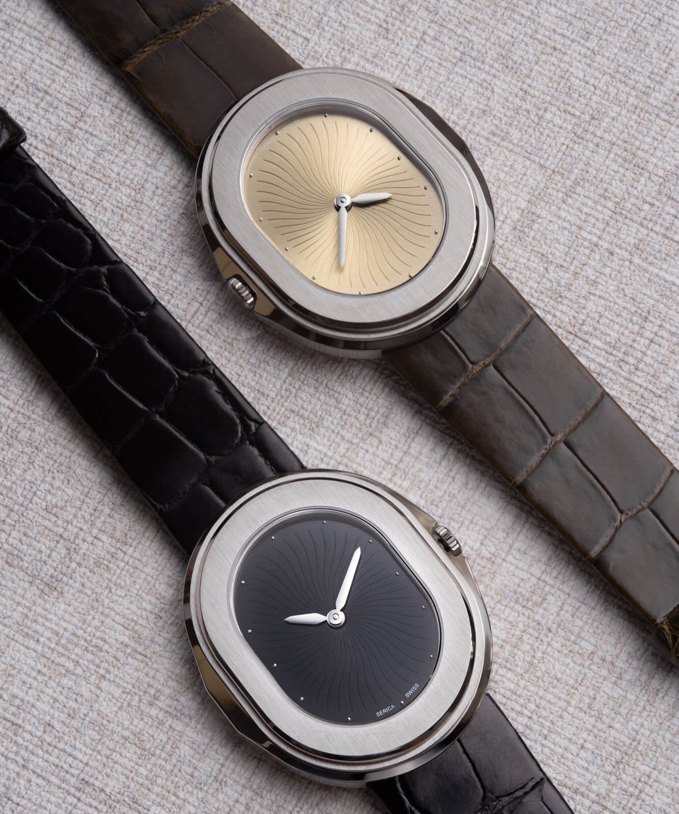 Serica Watches - Montres SERICA 1174 Parade cadrans or Laiton et noir soleillé et guilloché. Bracelet cuir style alligator vert et noir.