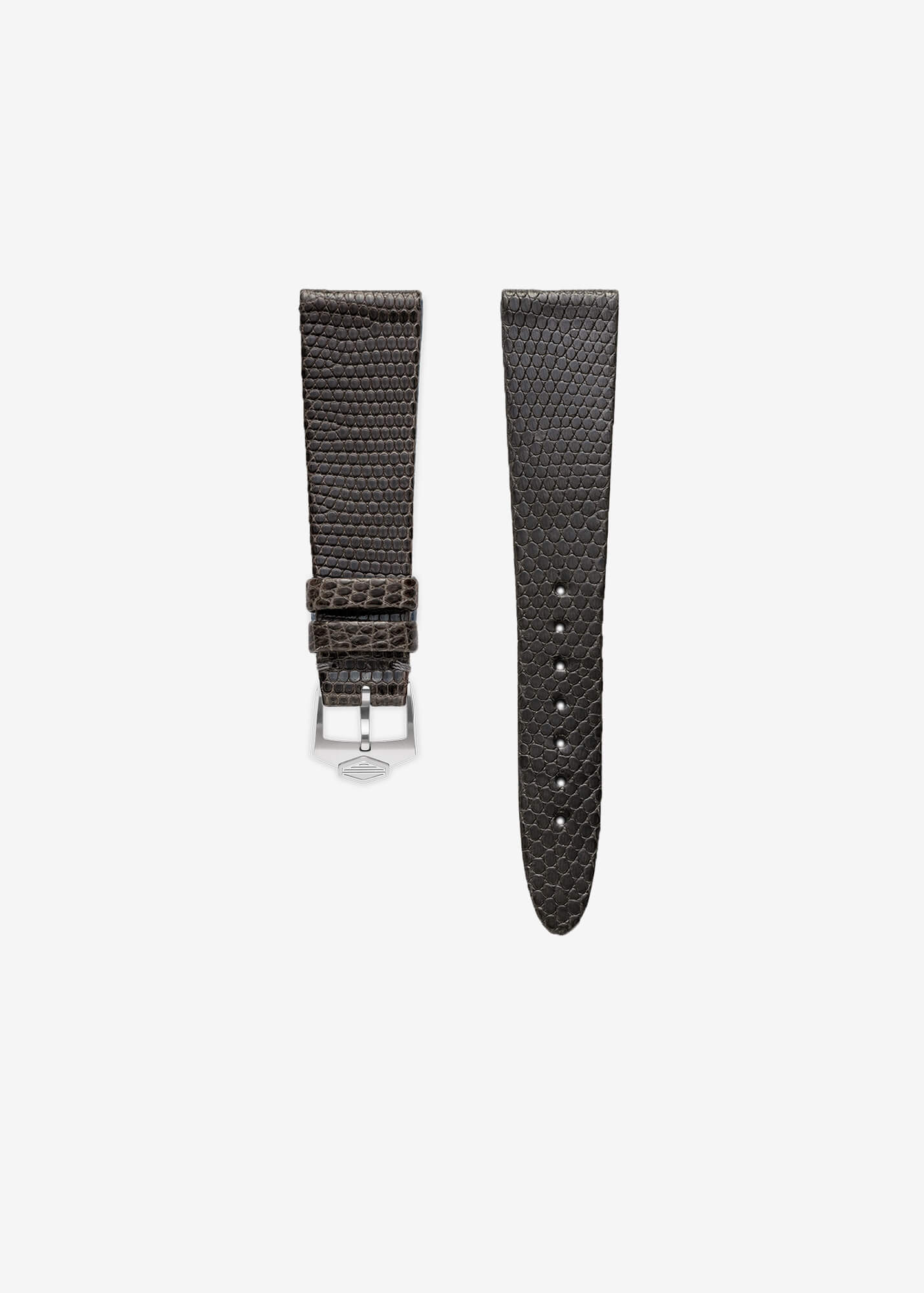 Serica Watches - Gros plan produit du bracelet de montre SERICA en cuir de lézard gris avec boucle acier signé SERICA